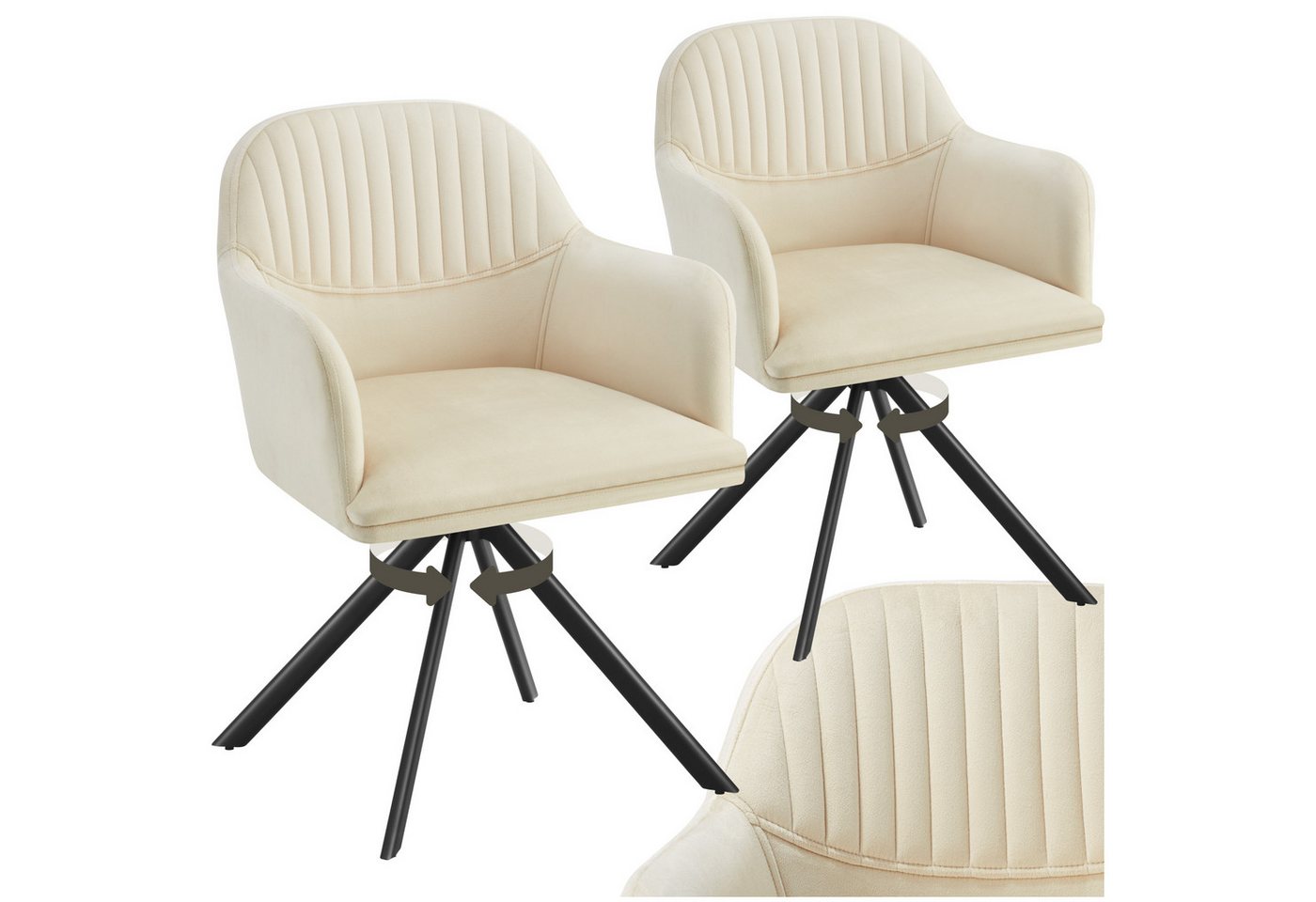 tectake Esszimmerstuhl Samt-Drehstuhl (Set, 2 St), Große Sitzschale mit extra dicker Polsterung mit Schaumstofffüllung von tectake