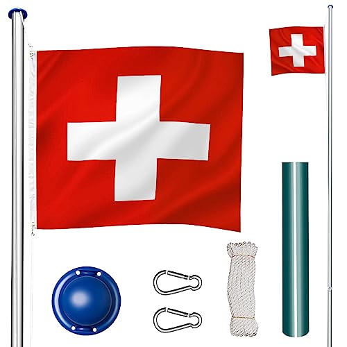 tectake Fahnenmast aus Aluminium, Teleskop Fahnenstange Set mit Flagge, Bodenhülsen, Seilzug, höhenverstellbar bis zu 6,50 m - ideal für Balkon, Garten, Festival und Camping - Schweiz von tectake