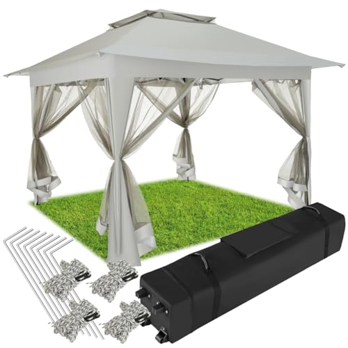 tectake Faltpavillon mit wasserabweisendem Doppeldach mit UV-Schutz, 364 x 364 x 294 cm, Gartenpavillon mit 4 Moskitonetz Seitenteilen, faltbar, Pavillon inkl. Transporttasche mit Rollen - grau von tectake