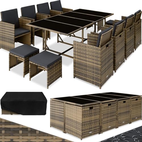 tectake Gartenlounge Set, Polyrattan Gartenmöbel Set, 8+4+1 Sitzgruppe, 8 Stühle 4 Hocker 1 Tisch, Balkon Möbel als Würfel verstaubar, ink. Schutzhülle, für Garten, Balkon, Terrasse - natur/dunkelgrau von tectake