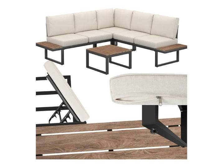tectake Gartenlounge-Set Garten-Lounge-Set, (Set., 1-tlg), Tisch und seitliche Ablageflächen aus robustem Polywood, schwarz von tectake