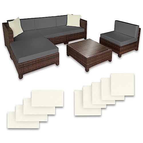 tectake Gartenmöbel Set, Lounge aus Poly Rattan und Aluminium, Balkon Möbel Set mit 10 cm Polsterung und Kissen, ideal für Garten und Balkon, 2 Sessel, 2 Ecksessel, 1 Tisch, 1 Hocker - schwarz/braun von tectake