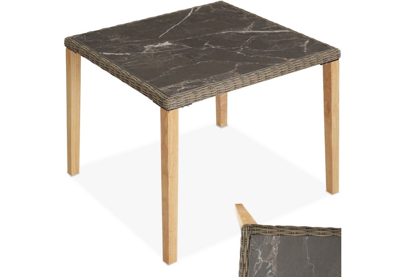 tectake Gartentisch Rattan Tisch (1-St., 1 tlg), Rattantisch mit abnehmbarer Platte aus marmoriertem Feinsteinzeug von tectake