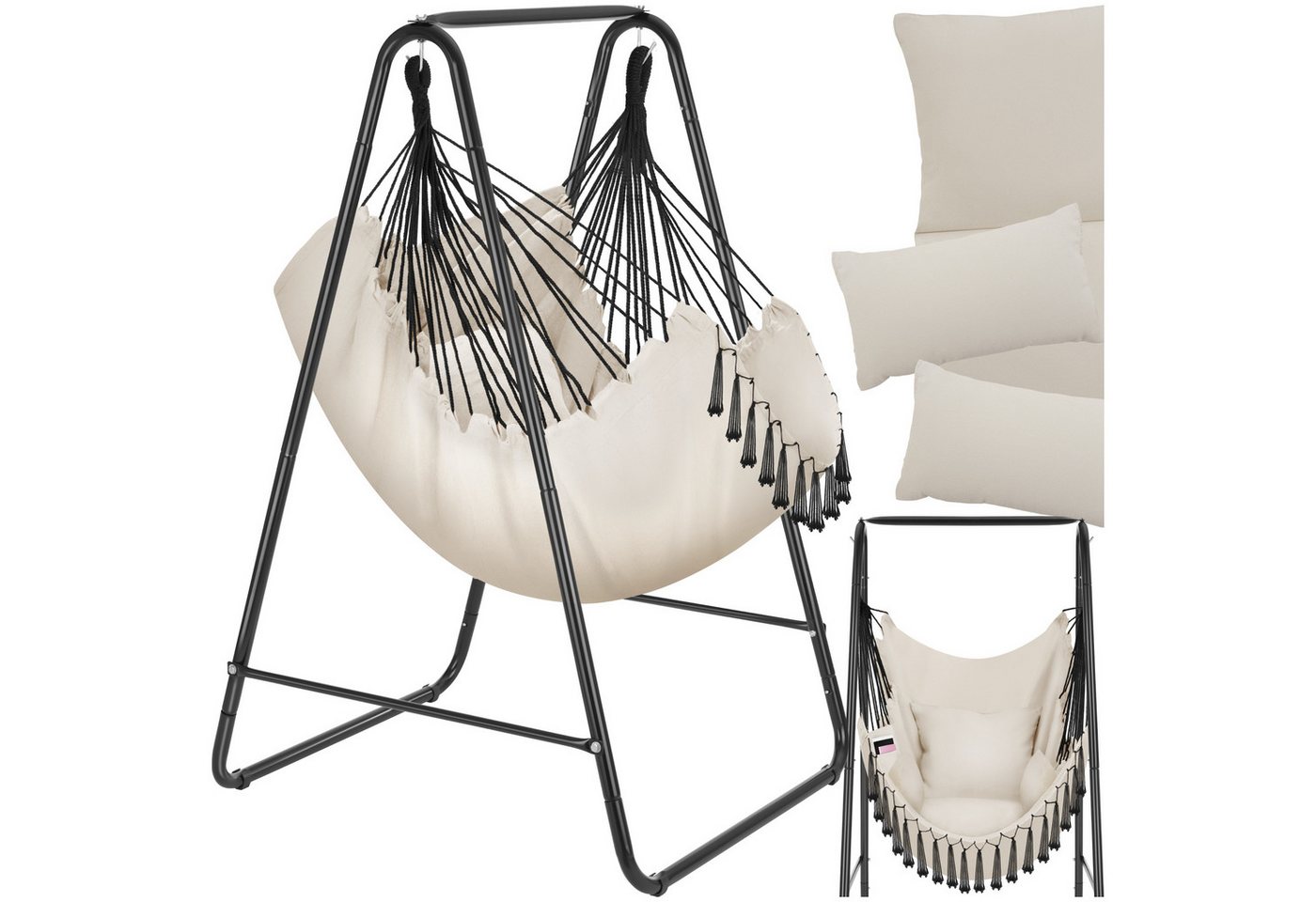 tectake Hängesessel Schaukelstuhl Alison, Boho-Style, Belastbarkeit 160kg, 3 extra dicke Kissen von tectake