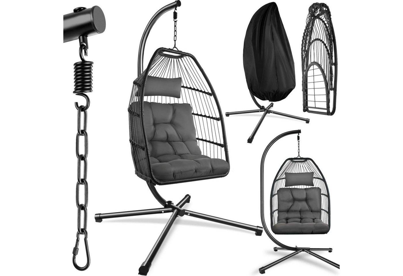 tectake Hängesessel Schaukelstuhl Ariane mit Gestell und Kissen 160kg, mit extra dickem Sitz- und Kopfkissen von tectake