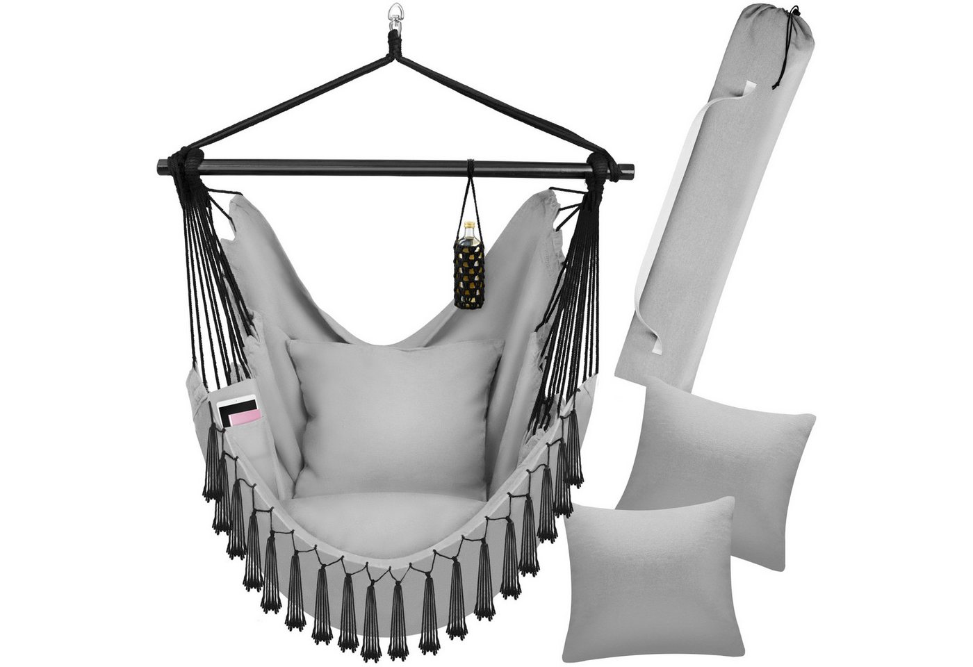 tectake Hängesessel Schaukelstuhl Malika, Boho-Style, Belastbarkeit 150kg, extra dicke Sitz- und Rückenkissen von tectake
