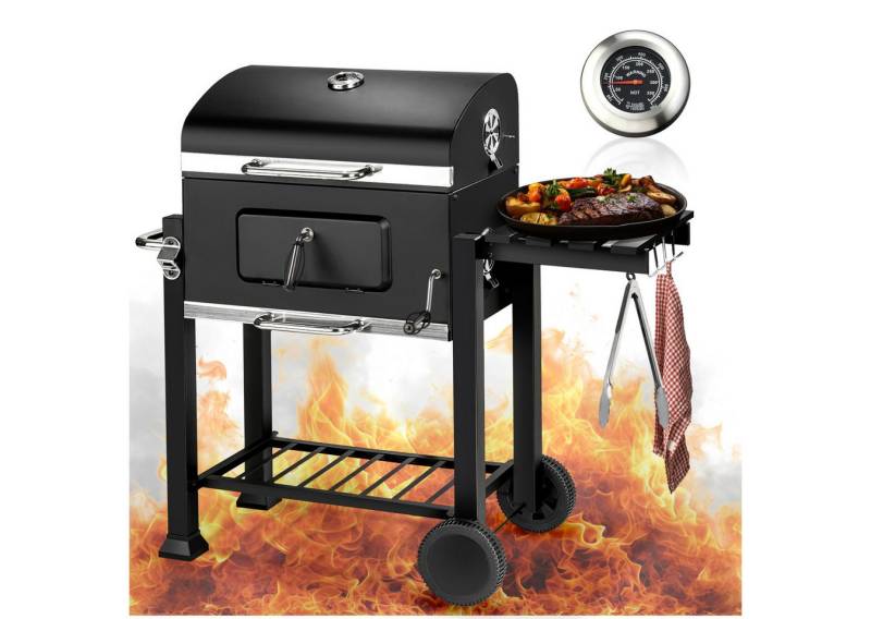 tectake Holzkohlegrill Smoker höhenverstellbar, mit 2 Rädern von tectake