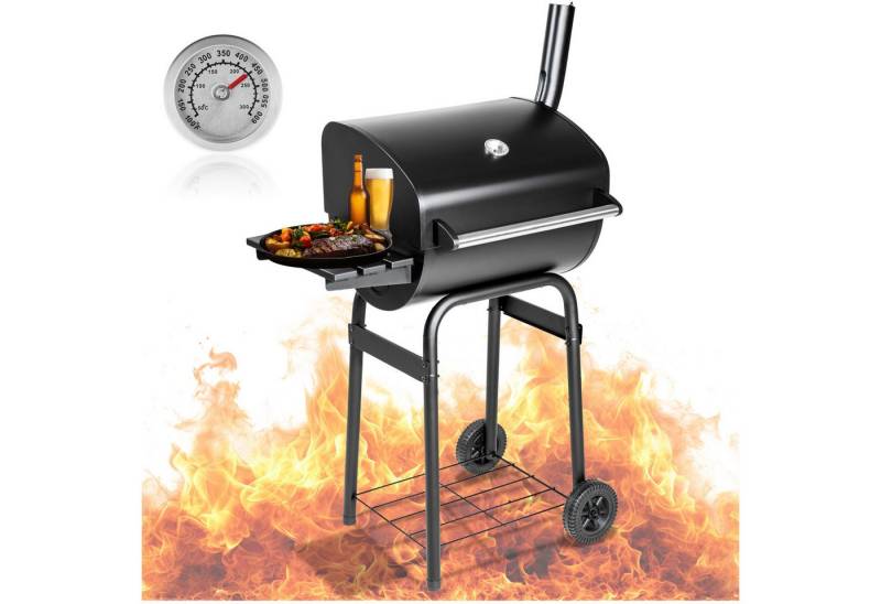 tectake Holzkohlegrill Smoker mit Deckel und Thermometer, mit 2 Rädern von tectake