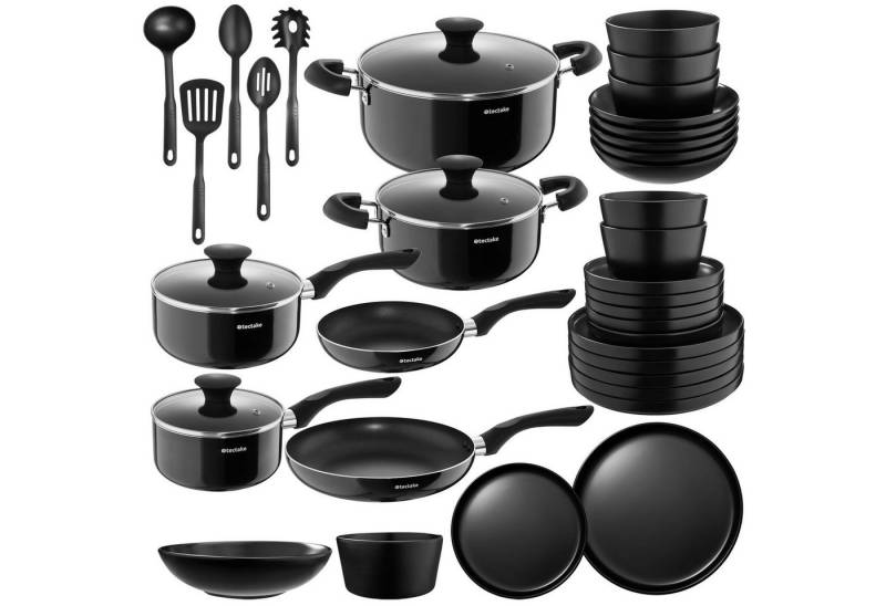 tectake Kochbesteck-Set Küchenstarter-Set für 6 Personen inkl. Geschirr & Töpfen (39-tlg), Geschirrset aus Steingut, mit Glasur von tectake