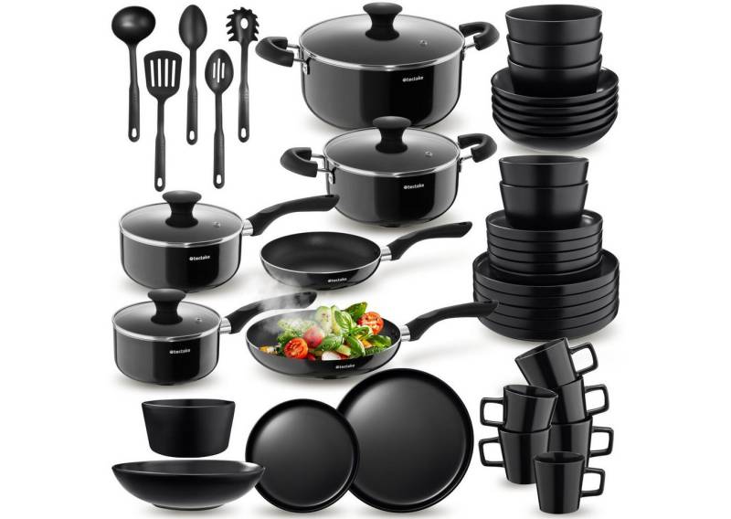 tectake Kochbesteck-Set Küchenstarter-Set für 6 Personen inkl. Geschirr & Töpfen (45-tlg), Geschirrset aus Steingut, mit Glasur von tectake