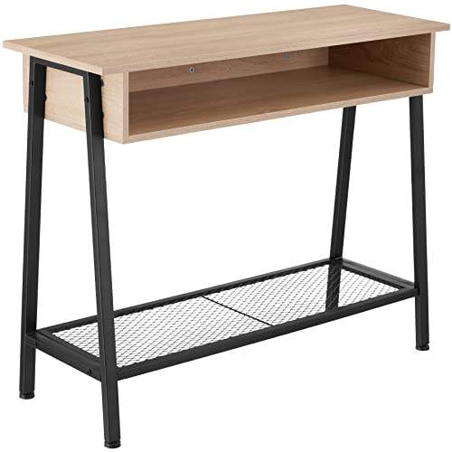 tectake Konsolentisch mit Staufach, Konsole, 100 x 35 x 80,5 cm, Holz Flurtisch Sideboard mit Gitterablage, Industrie-Design, schwarzes Metallgestell in Trapezform (Industrial Holz hell, Eiche Sonoma) von tectake