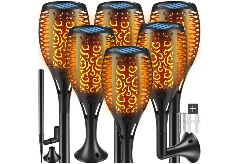 tectake LED Gartenstrahler 6er Set Solarleuchten, Einschaltautomatik bei Dämmerung, LED, 1600-1800 K, Stilvolles 6er Set Solarlampen mit gemütlichem Flammen-Design von tectake