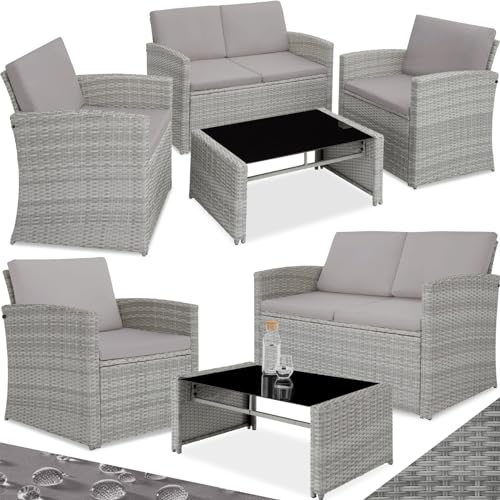 tectake Lounge Gartenmöbel Set Poly Rattan für den Garten, Möbel für den Balkon, 12-teilige Garten Lounge (wetterfest), Essgruppe mit Outdoor Sofa, Sessel und Tisch für 4 Personen (Grau Meliert/Grau) von tectake