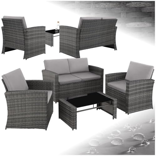 tectake Lounge Gartenmöbel Set Poly Rattan für den Garten, Möbel für den Balkon, 12-teilige Garten Lounge (wetterfest), Essgruppe mit Outdoor Sofa, Sessel und Tisch für 4 Personen (Grau/Hellgrau) von tectake