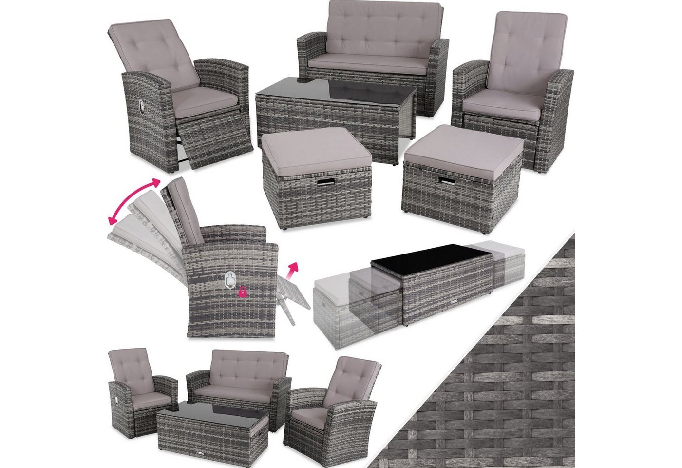 tectake Loungeset Bari, (Set, 6-tlg), mit verstellbarer Rückenlehne von tectake