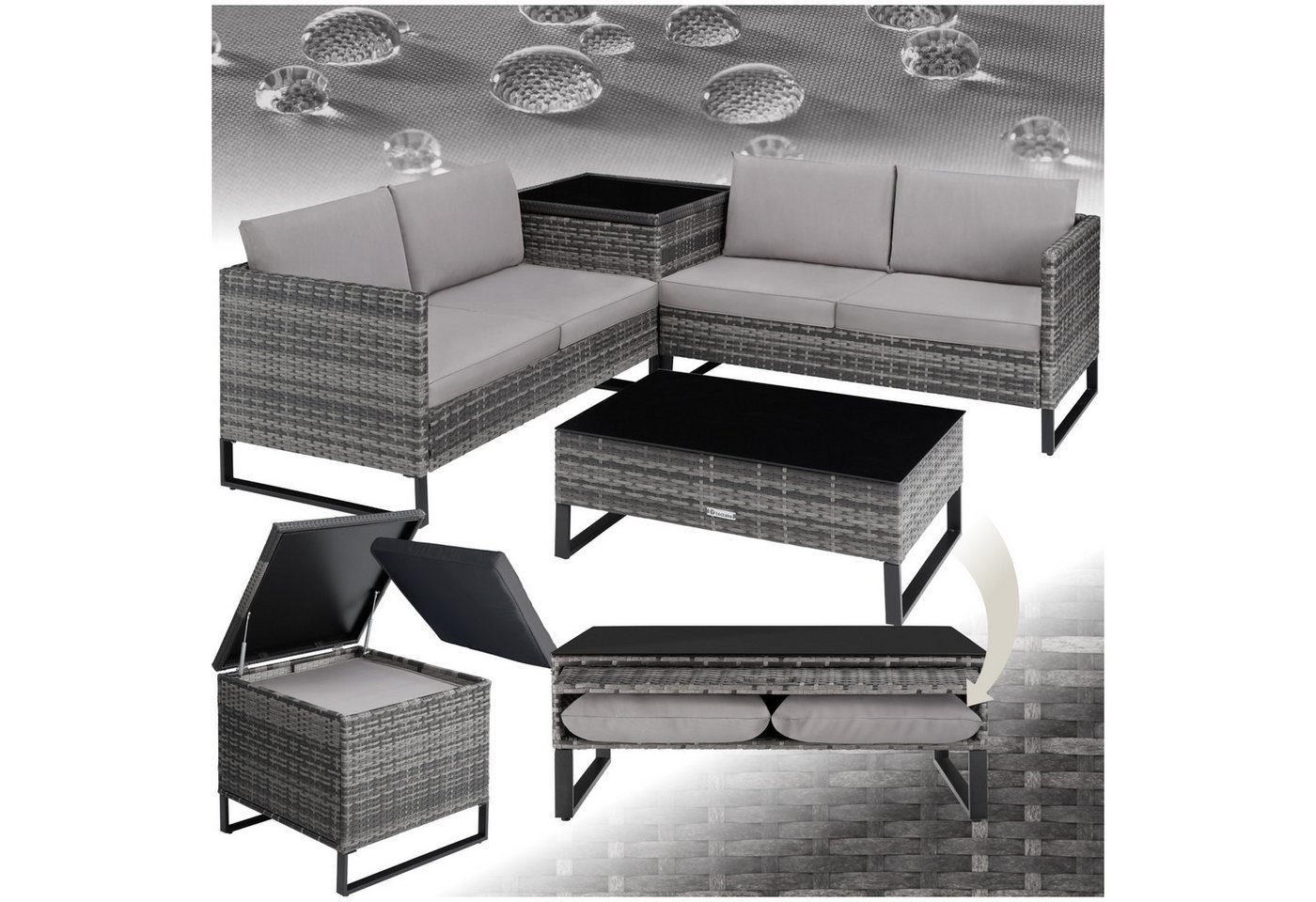 tectake Loungeset Rattan Lounge, (Set., 4-tlg), Stabiles Stahlgestell mit höhenverstellbaren Kunststofffüßen von tectake