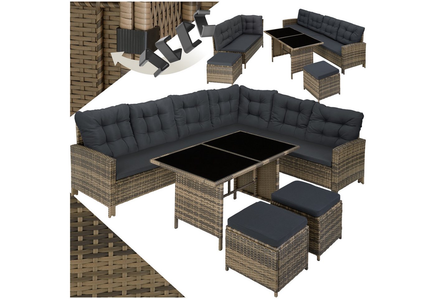 tectake Loungeset Rattan Lounge, (Set., 6-tlg), Stabiles Gestell aus robustem Stahl von tectake
