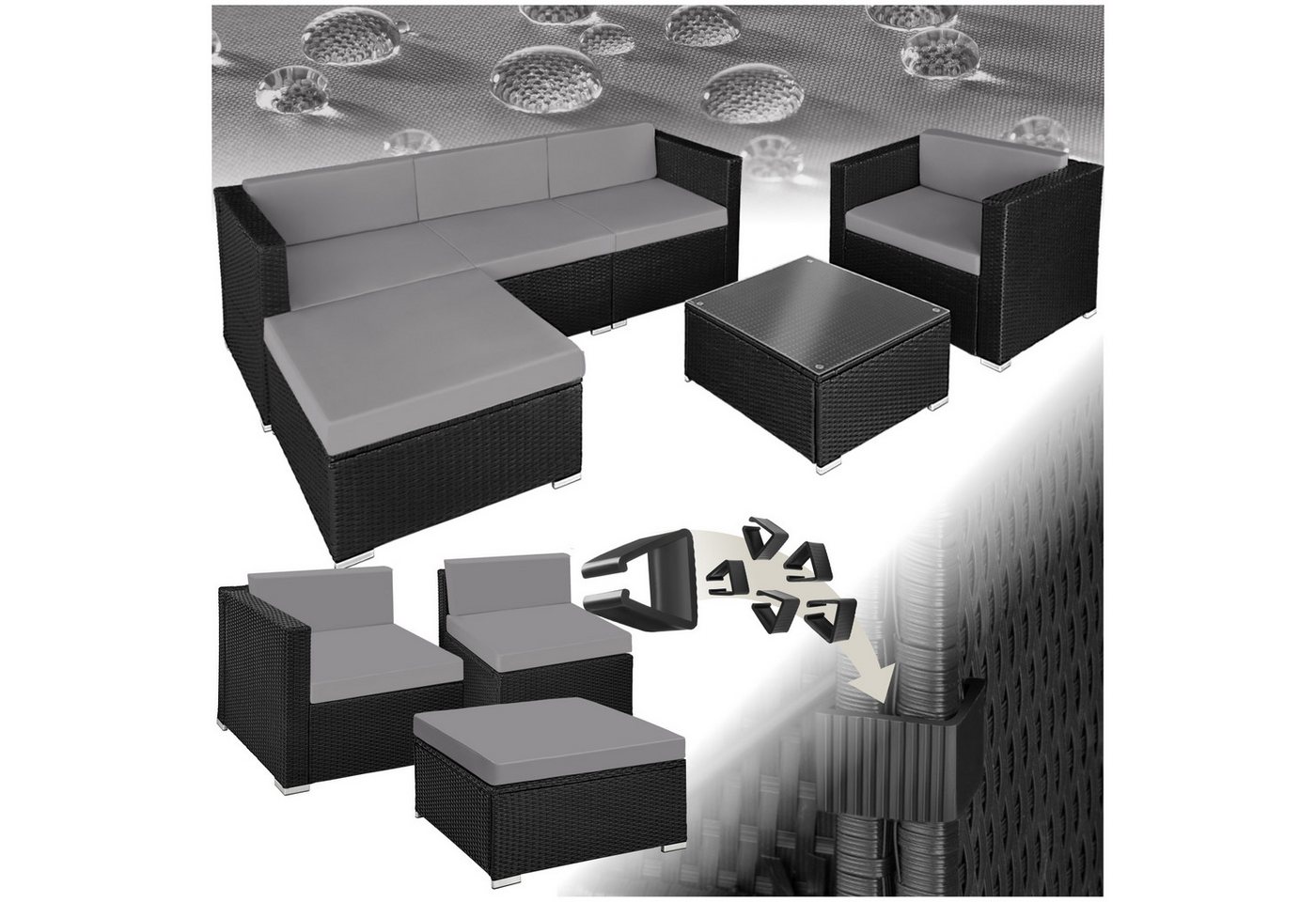 tectake Loungeset Rattan Lounge, (Set., 6-tlg), Tisch mit Glasplatte von tectake