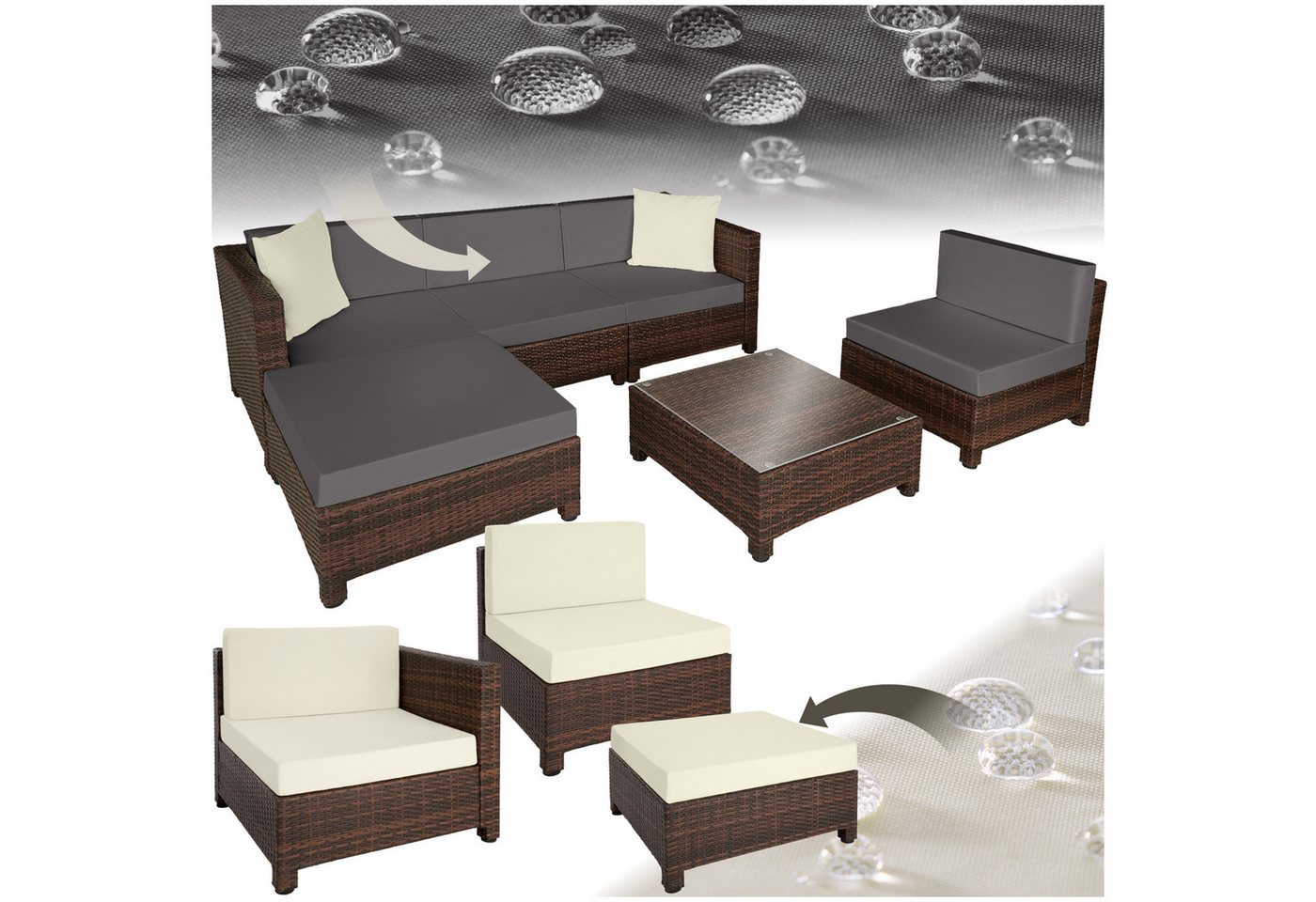 tectake Loungeset Rattan Lounge, (Set., 6-tlg), Weiche Sitzpolster, 10 cm dick, abnehmbar, hoher Komfort von tectake