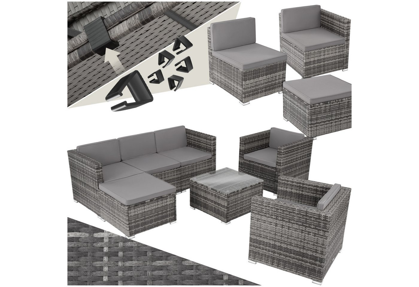 tectake Loungeset Rattan Lounge, (Set., 7-tlg), Solides Stahlgestell mit Pulverbeschichtung von tectake