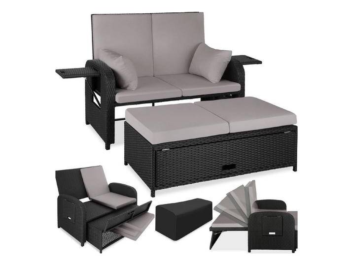 tectake Loungeset Rattan Sofa, (Set, 2-tlg), 6-fach höhenverstellbare Rückenlehne, grau schwarz, schwarz/grau von tectake
