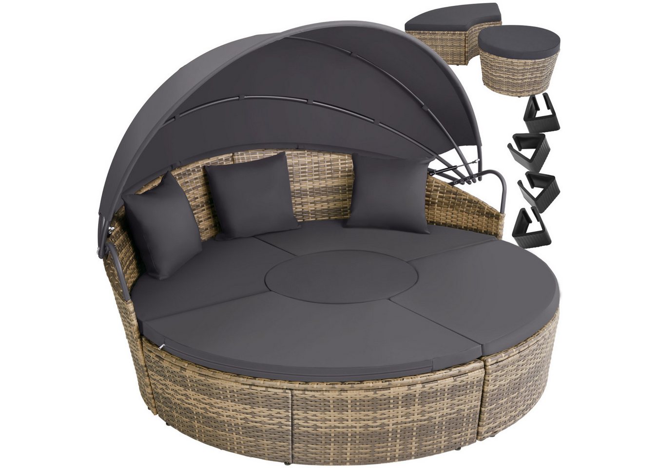 tectake Loungeset Rattan Sonneninsel Santorin - UV-beständig und widerstandsfähig, (Set., 5-tlg), Faltbares Dach mit Klettverschluss und Gasdruckfedersystem von tectake