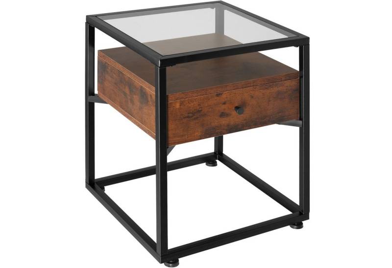 tectake Nachttisch Beistelltisch Preston 43x45x54,5cm (1-St., 1 tlg), Eckiger Nachttisch mit Glasoberfläche im stylishen Industrial Look von tectake
