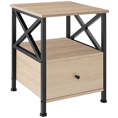 tectake Nachttisch mit Schublade, 40 x 41,5 x 55,5 cm, Holz Beistelltisch mit 2 offenen Ablagen, Sofatisch im Industrie-Design, schwarzes Metallgestell in X-Form (Industrial Holz hell, Eiche Sonoma) von tectake