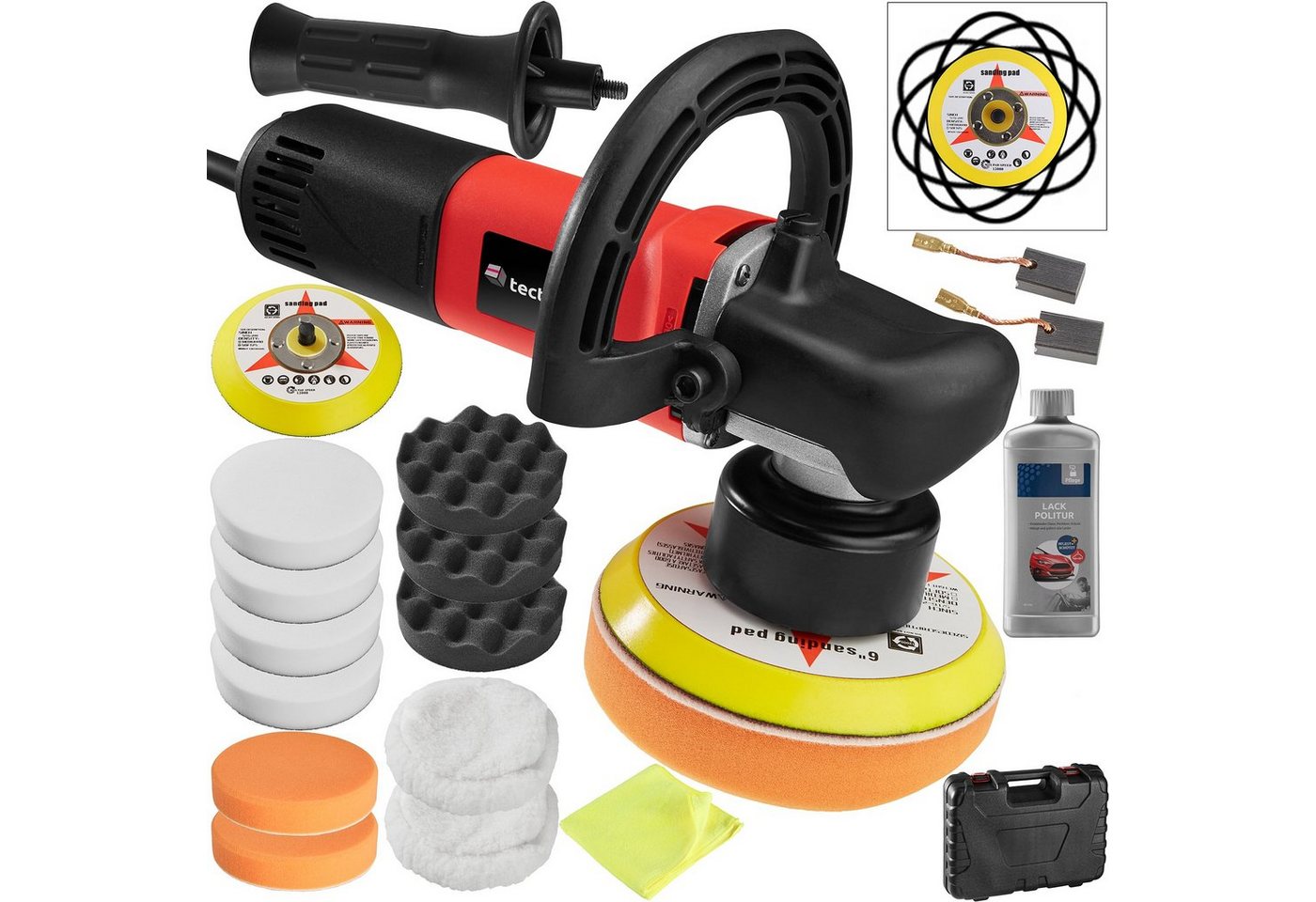 tectake Poliermaschine 16-teiliges Exzenter Poliermaschinen-Set, Ø 15,00 mm, (17 tlg), 710 W von tectake