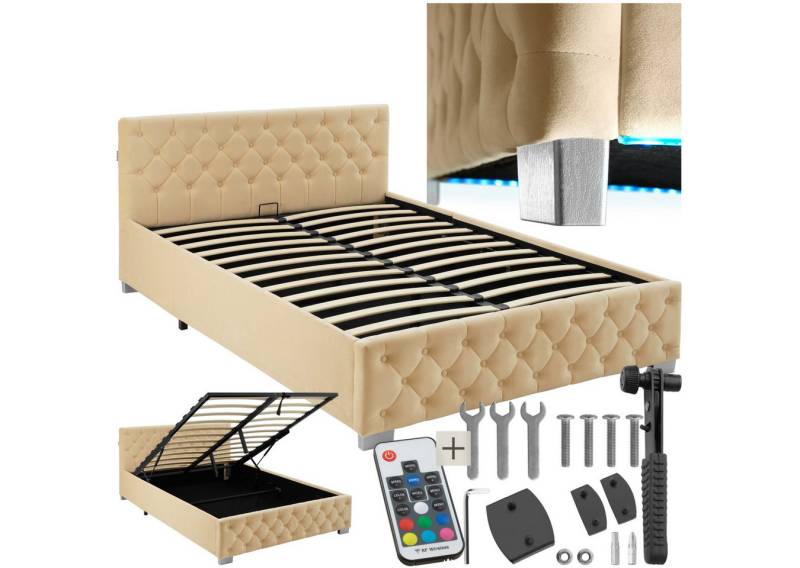tectake Polsterbett Komfortbett mit LED-Leisten & Stauraum - Samtoptik mit Steppmuster (Komplettset, mit LED-Leisten & Stauraum), stabiler Stahlrahmen, Belastbarkeit 250 kg von tectake
