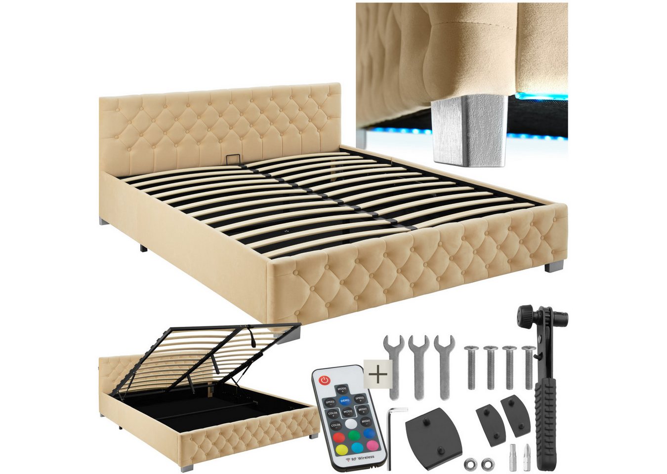 tectake Polsterbett Komfortbett mit LED-Leisten & Stauraum - Samtoptik mit Steppmuster (Komplettset, mit LED-Leisten & Stauraum), stabiler Stahlrahmen, Belastbarkeit 300 kg von tectake