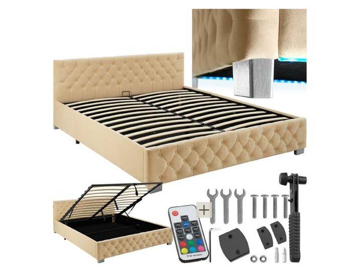 tectake Polsterbett Komfortbett mit LED-Leisten & Stauraum - Samtoptik mit Steppmuster (Komplettset, mit LED-Leisten & Stauraum), stabiler Stahlrahmen von tectake
