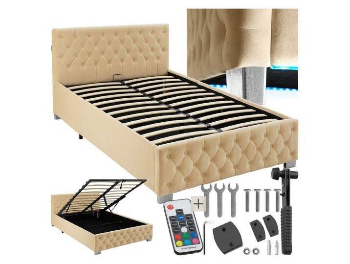 tectake Polsterbett Sedona (Komplettset, mit LED-Leisten & Stauraum), in Samtoptik mit Steppmuster, beige, beige von tectake