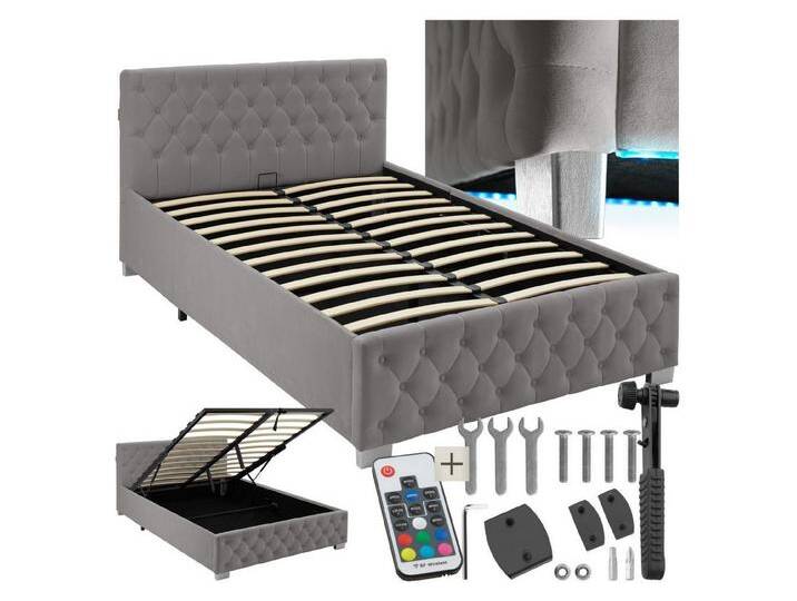 tectake Polsterbett Sedona (Komplettset, mit LED-Leisten & Stauraum), in Samtoptik mit Steppmuster, grau, dunkelgrau von tectake