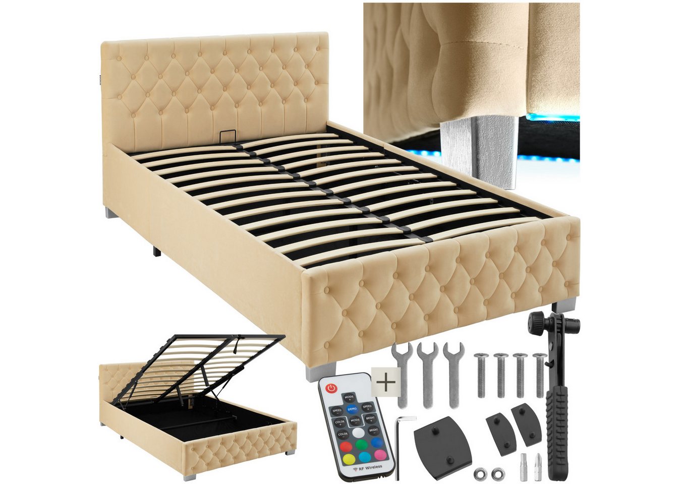 tectake Polsterbett Sedona (Komplettset, mit LED-Leisten & Stauraum), in Samtoptik mit Steppmuster von tectake