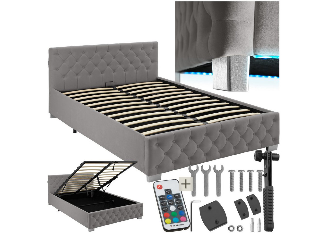 tectake Polsterbett Sedona (Komplettset, mit LED-Leisten & Stauraum), in Samtoptik mit Steppmuster von tectake