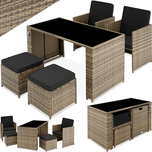 tectake Poly Rattan Sitzgruppe, 5- teiliges Lounge Gartenmöbel Set mit Tisch, Sessel & Hocker, Essgruppe für bis zu 4 Personen, Garten und Balkon Möbel inkl. Polster - Natur von tectake