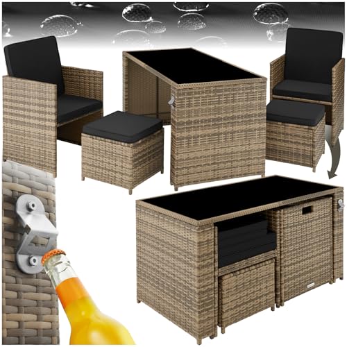 tectake Poly Rattan Sitzgruppe, 5- teiliges Lounge Gartenmöbel Set mit Tisch, Sessel & Hocker, Essgruppe für bis zu 4 Personen, Garten und Balkon Möbel inkl. Polster - Natur von tectake