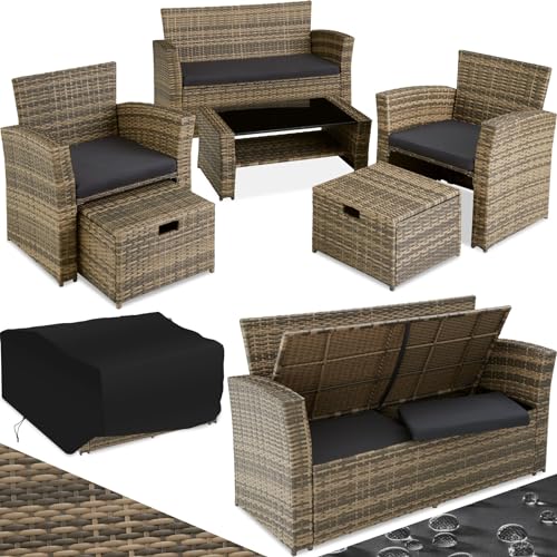 tectake Polyrattan Garten Sitzgruppe für 4 Personen mit Hocker, Rattan Gartenmöbel Set mit eingebauter Auflagenbox in der Sitzbank, Garten und Balkon Möbel - Natur von tectake