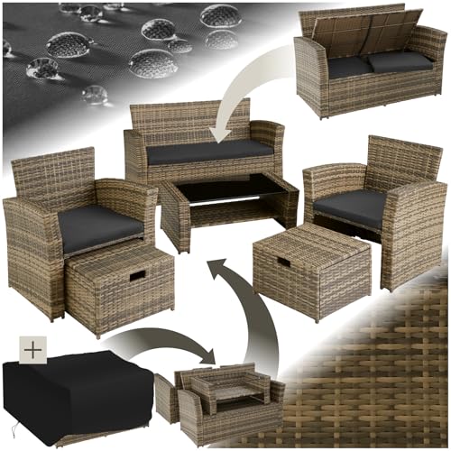 tectake Polyrattan Garten Sitzgruppe für 4 Personen mit Hocker, Rattan Gartenmöbel Set mit eingebauter Auflagenbox in der Sitzbank, Garten und Balkon Möbel - Natur von tectake
