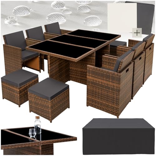 tectake Polyrattan Gartenmöbel Set, Sitzgruppe mit 6 Stühle +1 Glasplatte Tisch + 4 Hocker, Gartenlounge Set klappbar, bis zu 10 Personen, Balkon Möbel, inkl. 2 Bezugsset - schwarz/braun von tectake