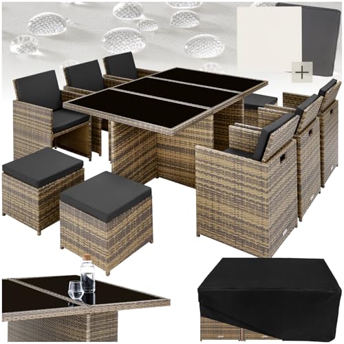 tectake Polyrattan Gartenmöbel Set, Sitzgruppe mit 6 Stühle +1 Glasplatte Tisch + 4 Hocker, Gartenlounge Set klappbar, für bis zu 10 Personen, Balkon Möbel, inkl. 2 Bezugsset - Natur von tectake