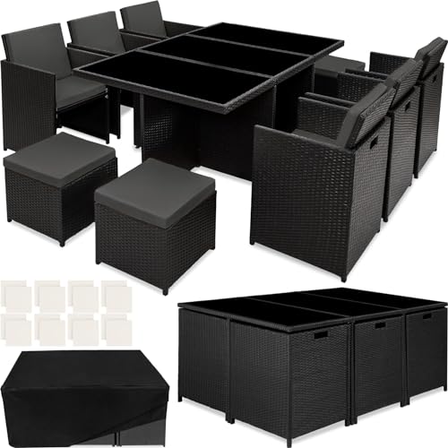 tectake Polyrattan Gartenmöbel Set, Sitzgruppe mit 6 Stühle +1 Glasplatte Tisch + 4 Hocker, Gartenlounge Set klappbar, für bis zu 10 Personen, Balkon Möbel, inkl. Schutzhülle und 2 Bezugsset - schwarz von tectake