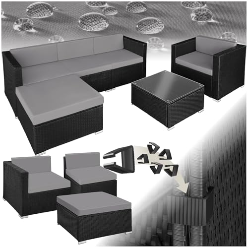 tectake Polyrattan Lounge Set Milano, Luxus Outdoor Gartenmöbel inkl. Sitz- und Rückenkissen, Balkon Möbel/Rattan Gartenmöbel Set mit Sofa, Sessel und Tisch - schwarz/grau von tectake