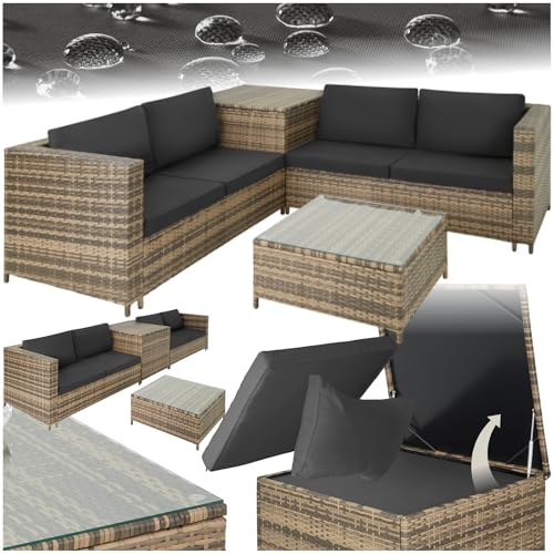 tectake Polyrattan Sitzgruppe für 4 Personen, Balkon Garnitur mit Sitzkissen, Aufbewahrungsbox draußen sowie Outdoor Couchtisch mit Glasplatte, Balkonmöbel Rattan - Natur/dunkelgrau tectake Polyrattan Sitzgruppe für 4 Personen, Balkon Garnitur mit Sitzkissen, Aufbewahrungsbox draußen sowie Outdoor Couchtisch mit Glasplatte, Balkonmöbel Rattan - Natur/dunkelgrau von tectake