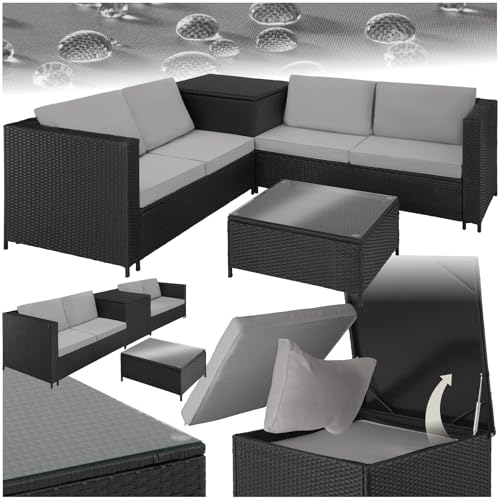 tectake Polyrattan Sitzgruppe für 4 Personen, Balkon Garnitur mit Sitzkissen, Aufbewahrungsbox draußen sowie Outdoor Couchtisch mit Glasplatte, Balkonmöbel Rattan - schwarz/grau von tectake