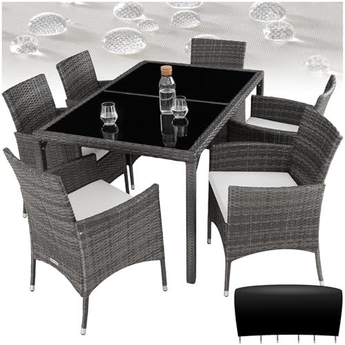 tectake Polyrattan Sitzgruppe für 6 Personen, Balkon Möbel, Gartenmöbel Set mit Tisch und 6 Stühlen, Essgruppe für Garten Terrasse und Balkon, inkl. Sitzkissen und Schutzhülle - grau/weiß tectake Polyrattan Sitzgruppe für 6 Personen, Balkon Möbel, Gartenmöbel Set mit Tisch und 6 Stühlen, Essgruppe für Garten Terrasse und Balkon, inkl. Sitzkissen und Schutzhülle - grau/weiß von tectake