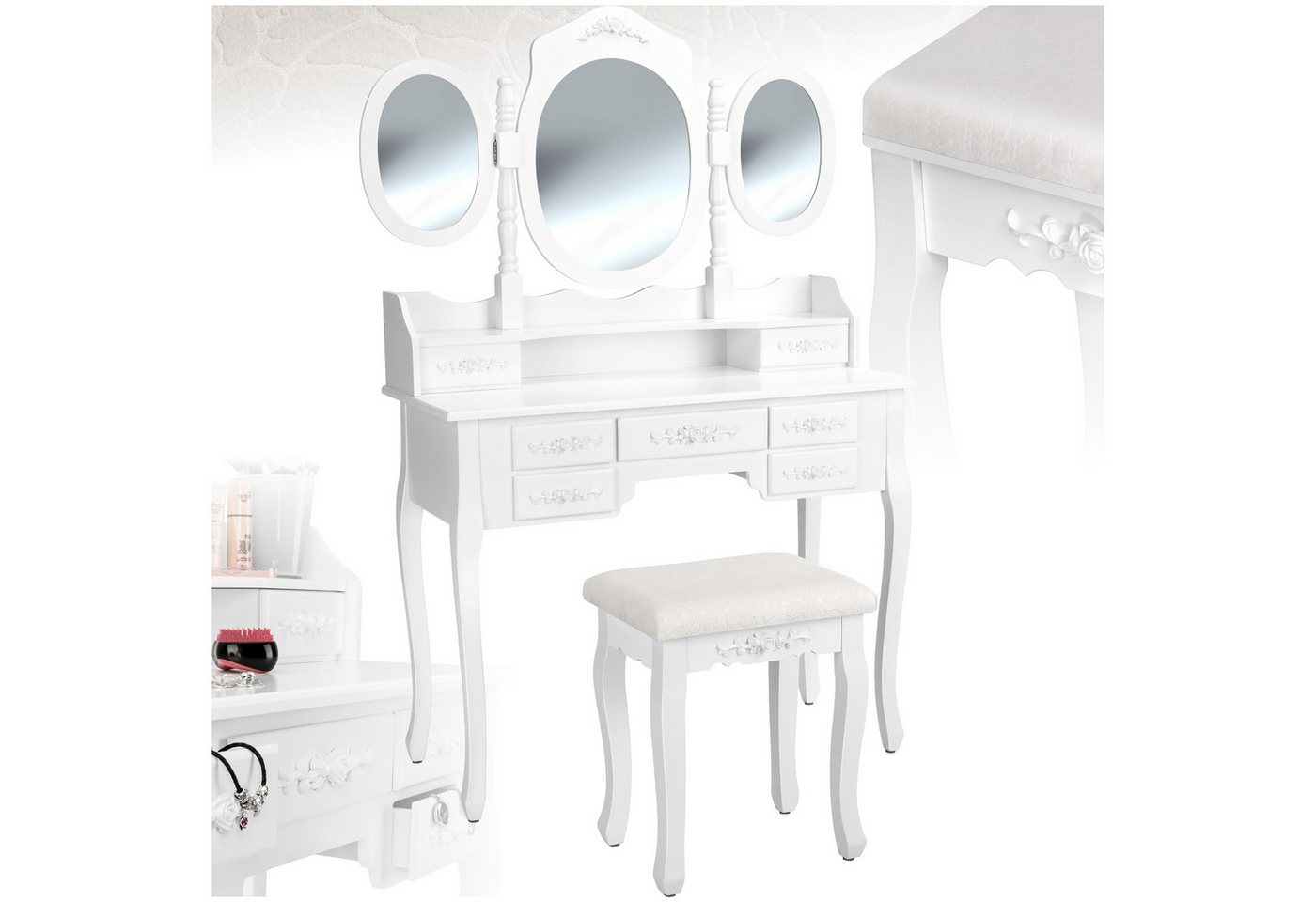 tectake Schminktisch Frisiertisch mit 7 Schubladen, Spiegel und Hocker im Antik Look (1-St., 2 tlg), Stabile und hochwertige Verarbeitung von tectake