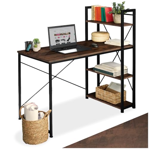 tectake Schreibtisch mit Regal, 122 x 61 x 120 cm, Computertisch im Industrie-Design mit 3 Ablagen, Bürotisch aus Holz und Metall, schwarzes Metallgestell (Industrial Dunkelbraun) von tectake
