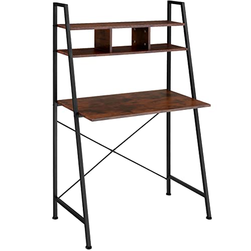 tectake Schreibtisch mit Regal, Bürotisch im Industrie-Design, 85,5 x 46,5 x 140 cm, Computertisch mit 3 Staufächern und Ablage aus Holz, schwarzes Metallgestell (Industrial Dunkelbraun) von tectake